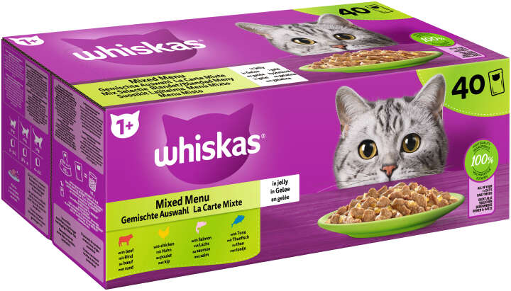 whiskas Katzen-Nassfutter Portionsbeutel Multipack 1+ Gemischte Auswahl in Gelee 40 x 85g